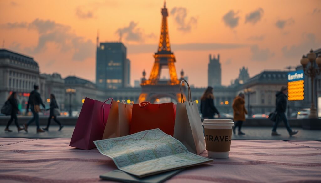 유통혁명 사는 - flat lay of shopping bags, travel map, and coffee cup on pastel background, retail revolution lifestyle concept