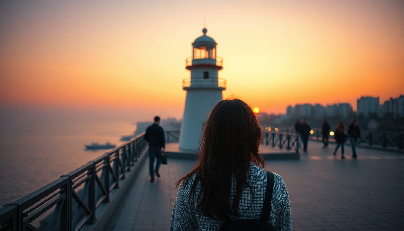 경북문화관광공사 여행 - Korean woman upper body shot with face visible, standing near a white lighthouse with the East Sea in the background, summer travel mood, natural hands holding a camera