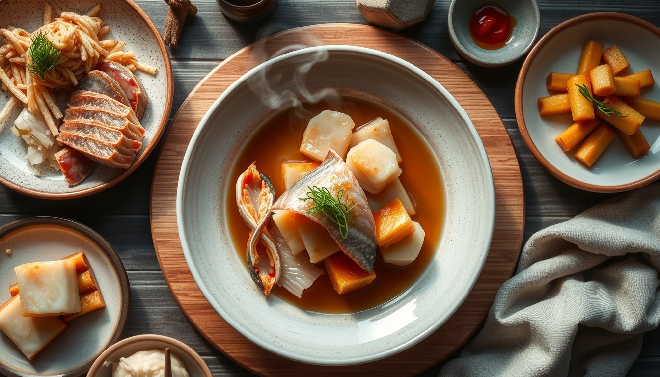 여수세계섬박람회 개막 - flat lay of Korean seafood dishes including raw fish and Yeosu local food specialties, overhead view on wooden table