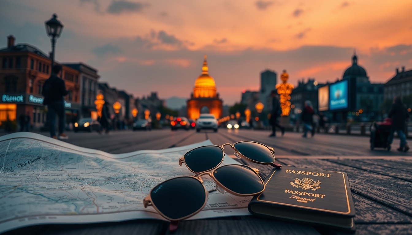 경콘진 여름 - flat lay of summer travel essentials including map, sunglasses, and passport on pastel background, gyeonggi content foundation summer travel curation concept