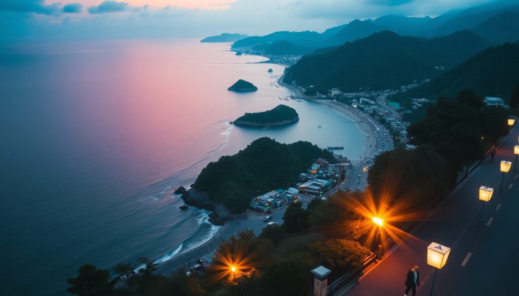 제주도 여행 - aerial view of Jeju Island coastline with turquoise sea and green hills, travel destination concept, golden hour lighting