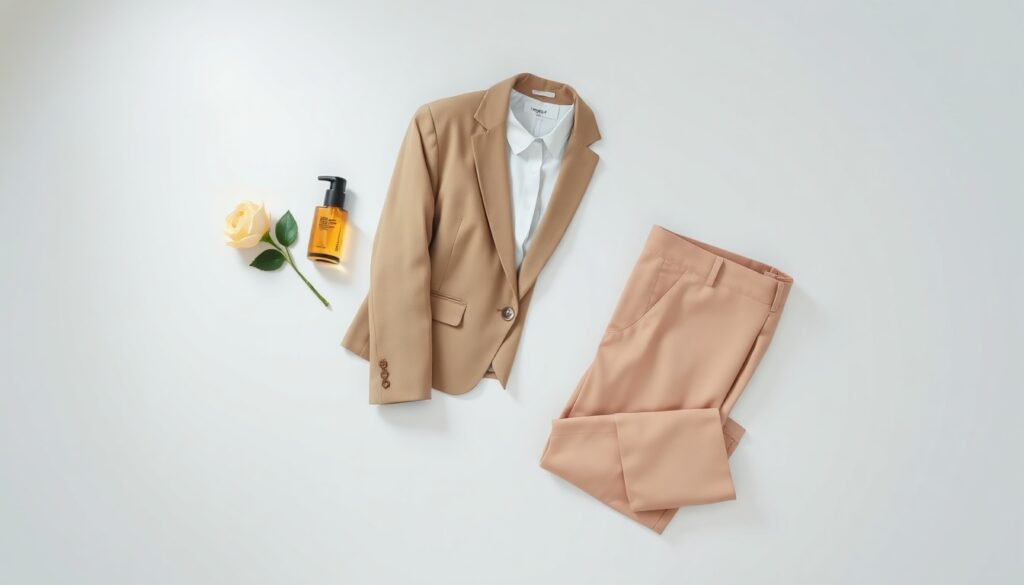 출근룩 코디 - flat lay of stylish office outfit with blazer, trousers, and accessories on white background, work fashion coordination concept