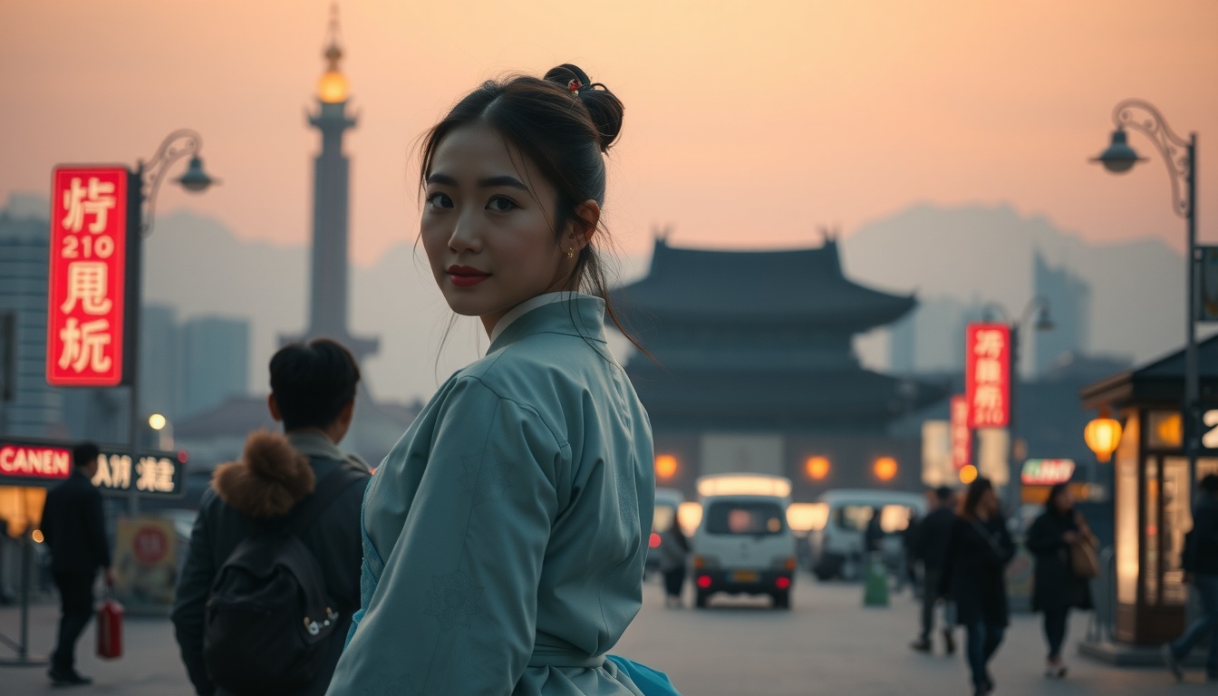 예스러움 품고 - Korean woman full body shot with face visible, wearing hanbok in traditional alley, nostalgic travel atmosphere, natural pose