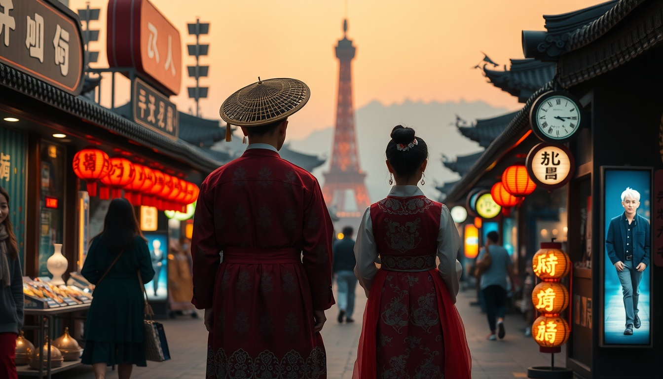 세계축제가 이곳에서 - Korean traditional hanbok and K-pop merchandise display at international festival booth, global K-festival concept, vibrant colors