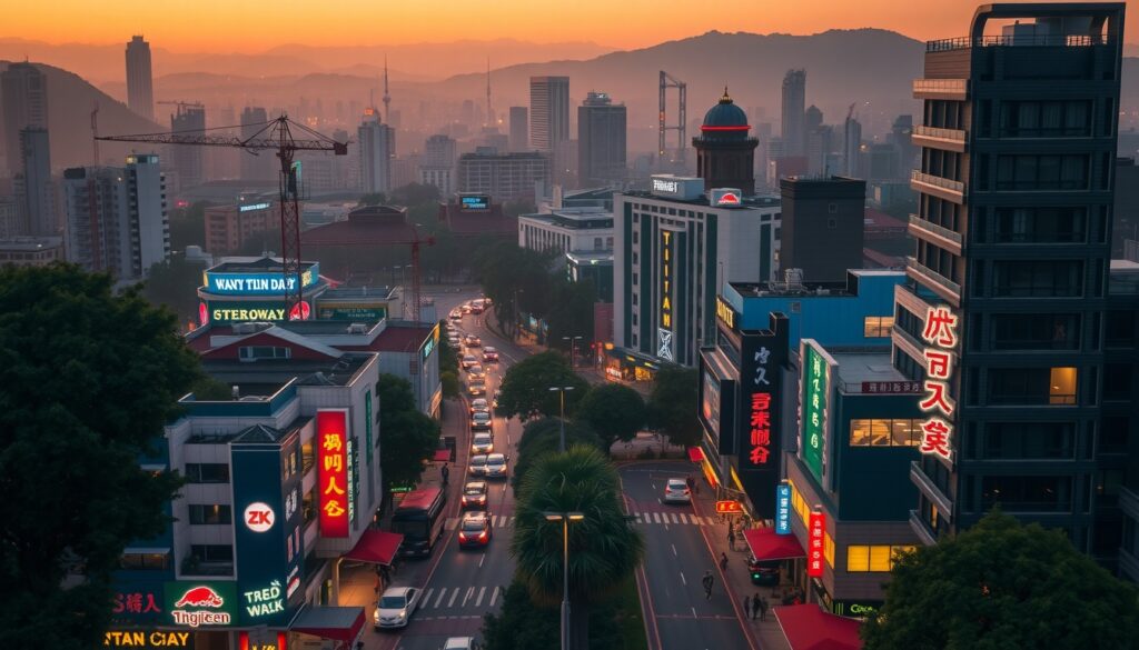 대만 타이중 - aerial view of Taichung city Taiwan with colorful streets and green parks, travel destination concept