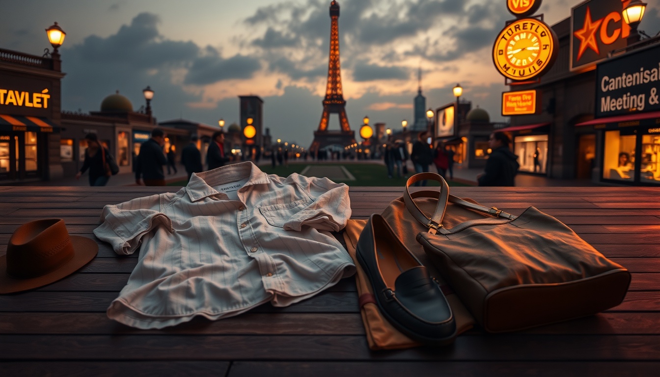 여행 코디 - flat lay of travel outfit items including linen shirt, wide pants, loafers, tote bag and accessories on white background, travel coordinate concept