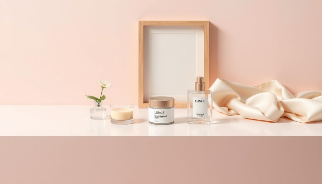 원룸 꾸미기 - flat lay of interior design items including small plant, candle, wooden frame and fabric swatch on white desk, cozy room decorating concept
