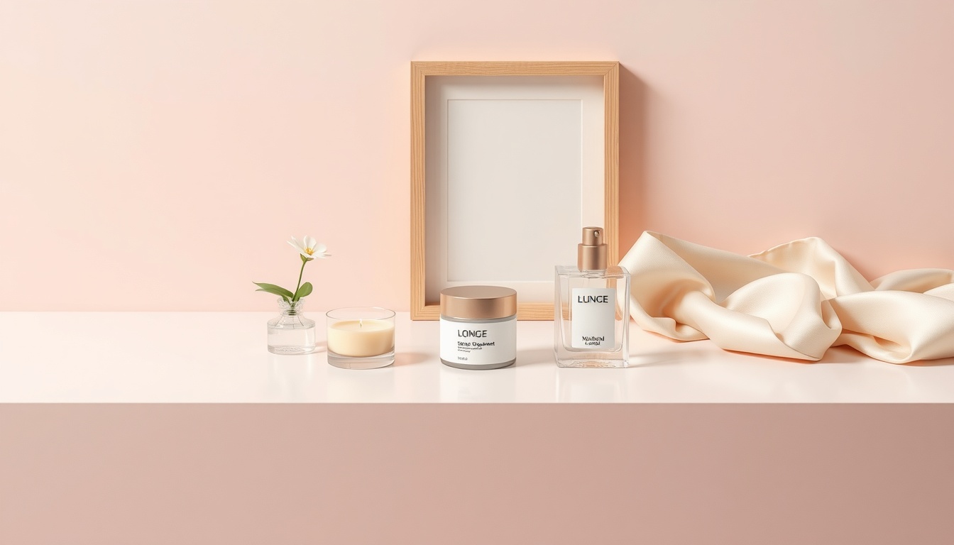 원룸 꾸미기 - flat lay of interior design items including small plant, candle, wooden frame and fabric swatch on white desk, cozy room decorating concept