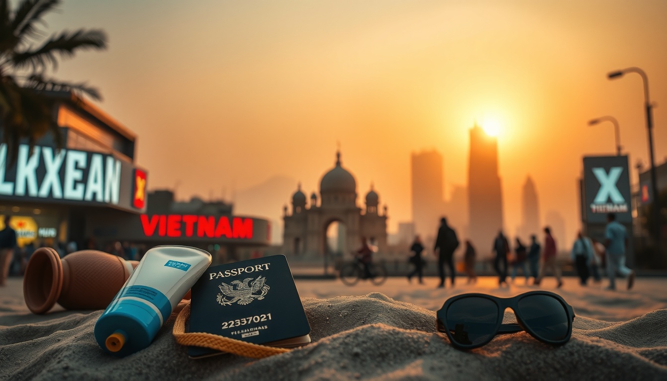 베트남 여행 - flat lay of travel essentials for Vietnam trip including passport sunscreen sandals and Vietnamese dong currency on white background