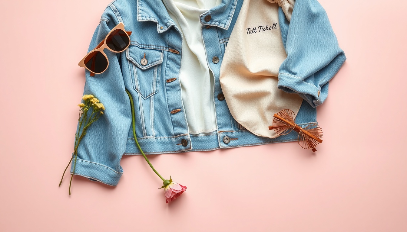 빈티지 패션 - flat lay of vintage fashion items including denim jacket, retro accessories, and floral scarf on cream background