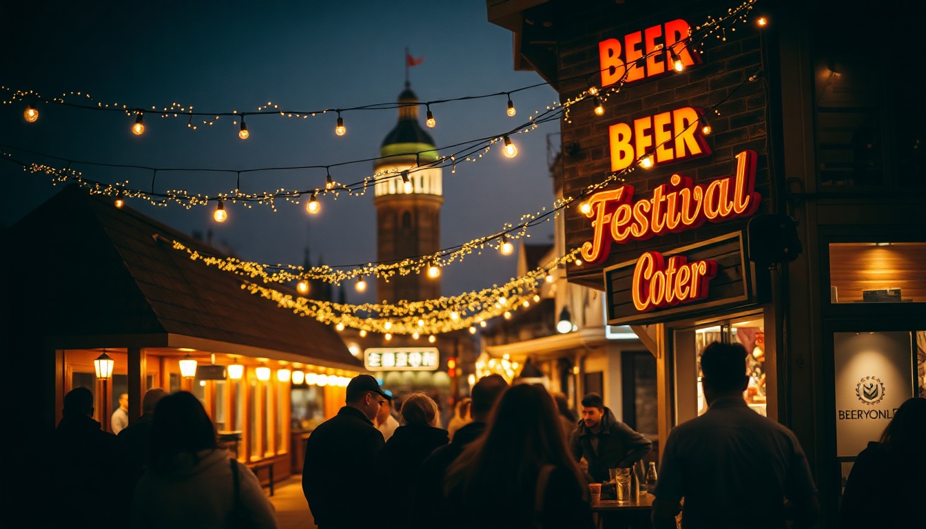 여행 치맥 - outdoor beer festival with string lights at night, people enjoying travel chimaek experience in Korean summer festival atmosphere