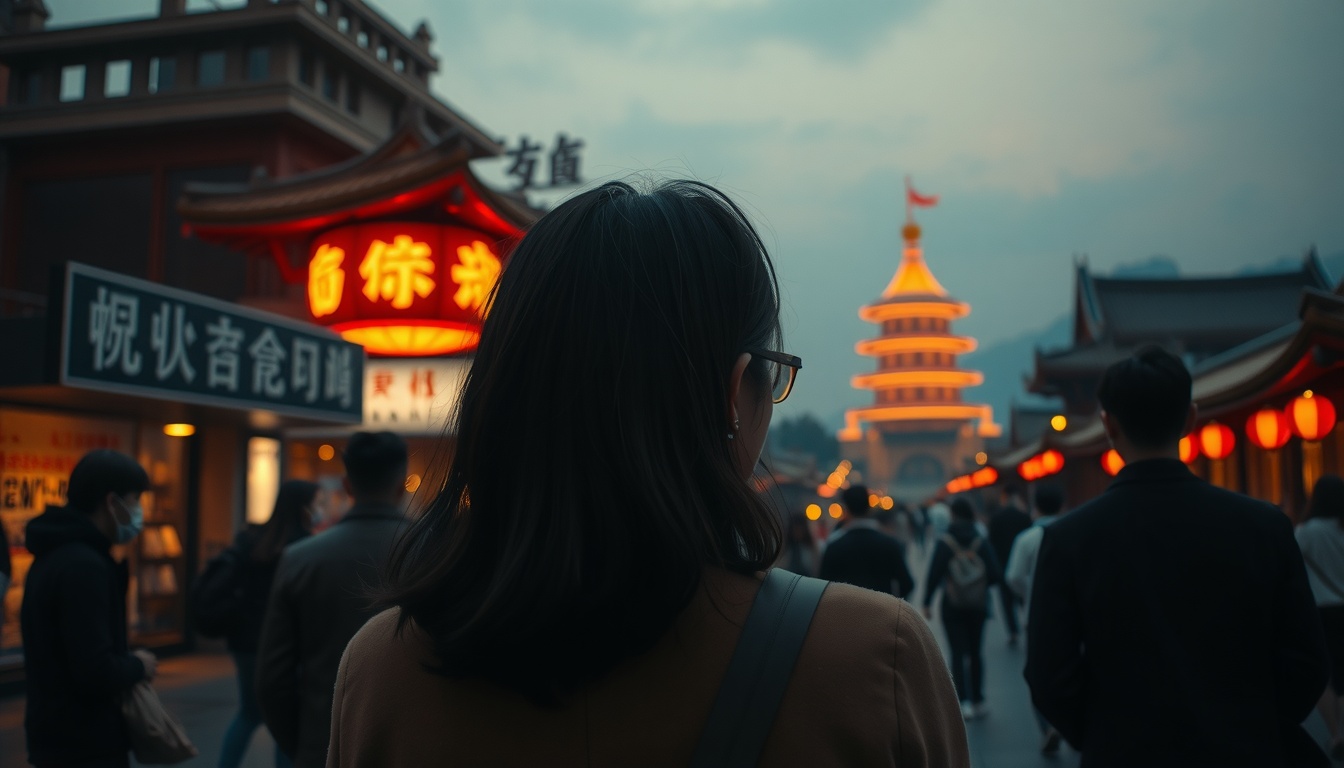 포커스 아르코가 - Korean woman upper body shot with face visible, enjoying outdoor performance at scenic Korean festival venue, natural hands, warm sunset light