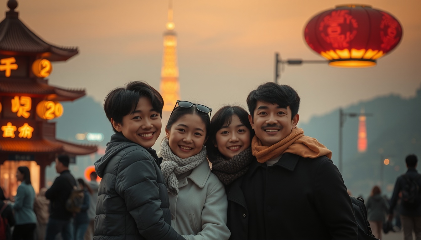 가족 여행 - Korean family of four smiling together at a scenic outdoor travel destination, full body shot with face visible, warm sunny day