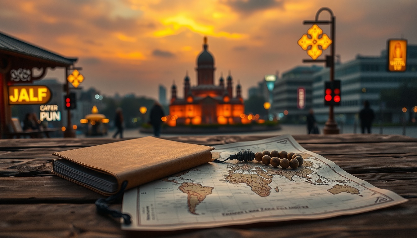 최강록 최초 - flat lay of travel journal, Buddhist prayer beads, and a worn map on a wooden desk, emotional life journey concept
