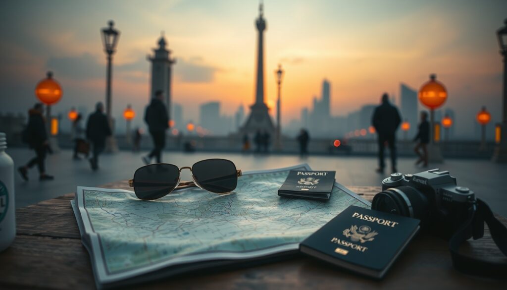 주말 일이면 - flat lay of travel essentials including map, sunglasses, passport and camera on white desk, weekend trip planning concept