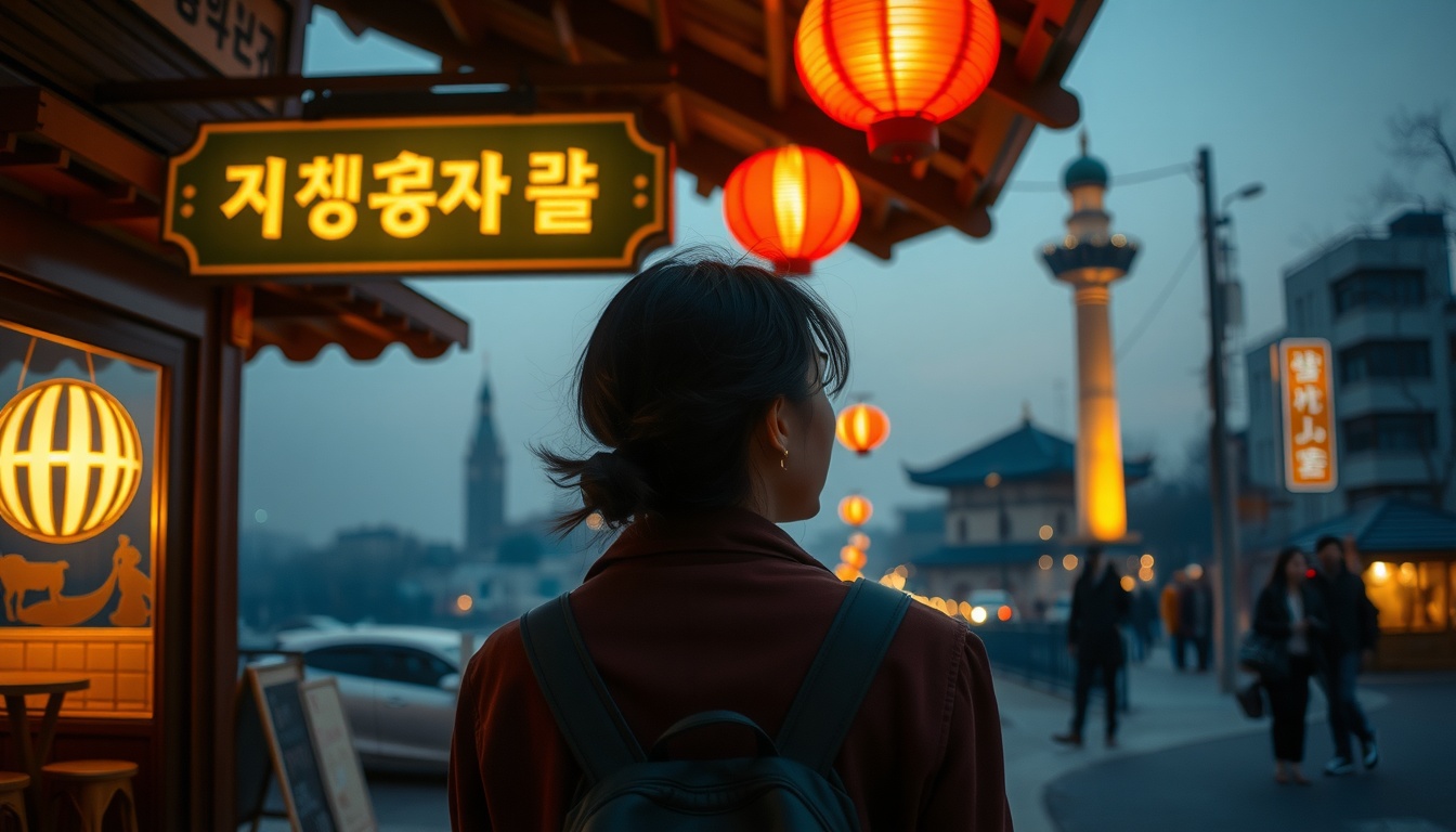 당일치기 줄고 - Korean woman full body shot with face visible, standing near cozy guesthouse window with morning light, slow travel mood
