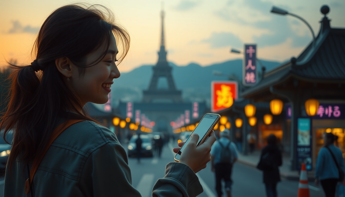 항공권 예약 - Korean woman upper body shot with face visible, smiling while using smartphone to book flights at cozy cafe, natural hands