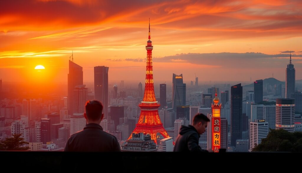 도쿄 여행 - aerial view of Tokyo cityscape with Tokyo Tower at golden hour, vibrant and colorful urban landscape