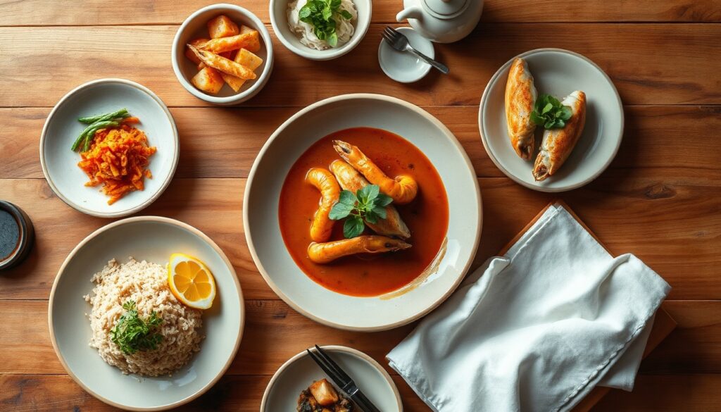 부산시 미식 - flat lay of traditional Korean seafood dishes on a wooden table, Busan gourmet food travel concept, overhead view