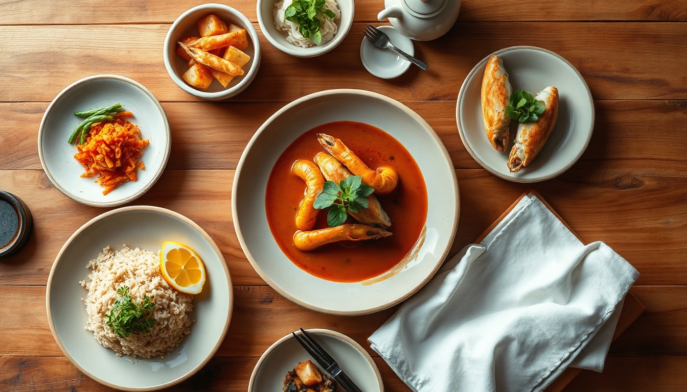 부산시 미식 - flat lay of traditional Korean seafood dishes on a wooden table, Busan gourmet food travel concept, overhead view