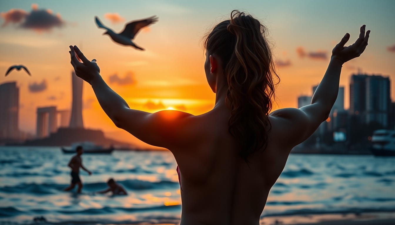 현장 스포츠 - woman upper body shot with face visible, doing beach yoga on Guam sunrise seaside, outdoor sports wellness travel
