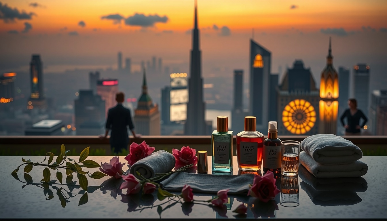 요즘 호텔은 - flat lay of luxury hotel amenities including spa products, flowers, and premium room key on marble surface, modern hotel lifestyle concept