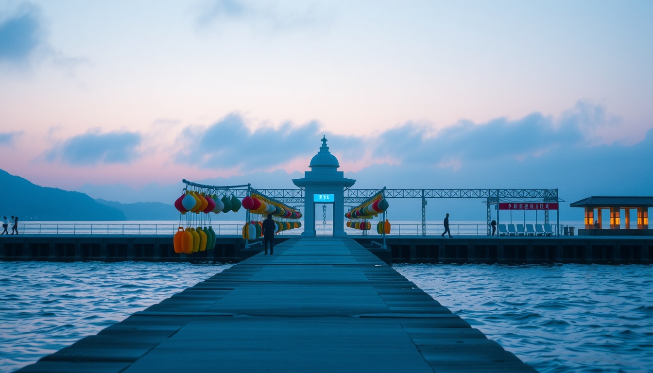 강릉 여행 - Jumunjin breakwater with colorful buoys hanging, Gangneung travel landmark, blue sky background