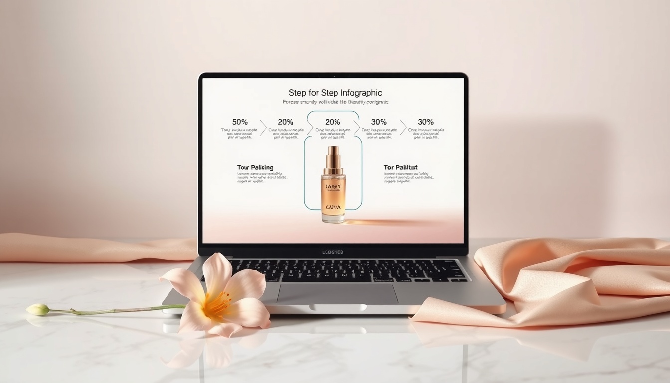 인포그래픽 - step-by-step infographic design process on laptop screen, Canva interface visible, modern workspace flat lay