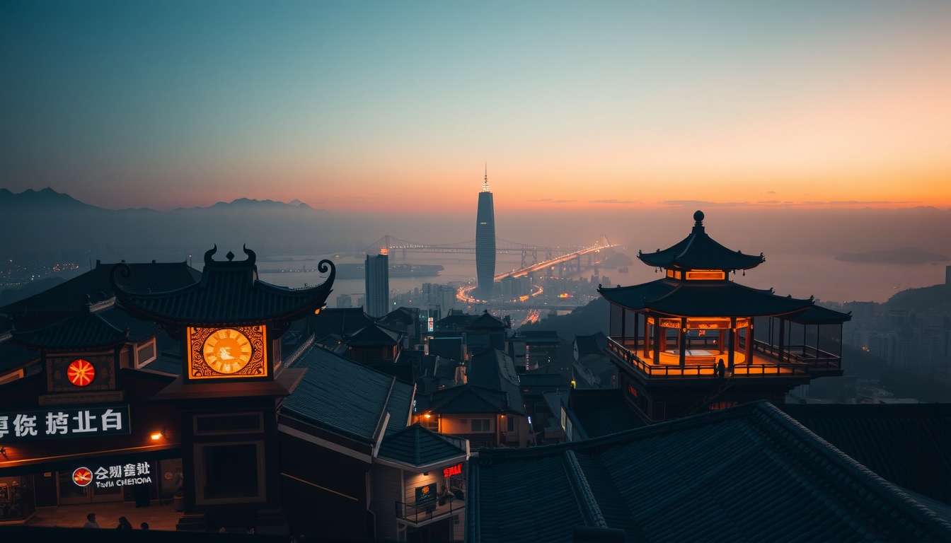 세계유산 국제무대 - aerial view of Busan city with ocean and traditional cultural heritage sites, vibrant cityscape, world heritage international stage concept