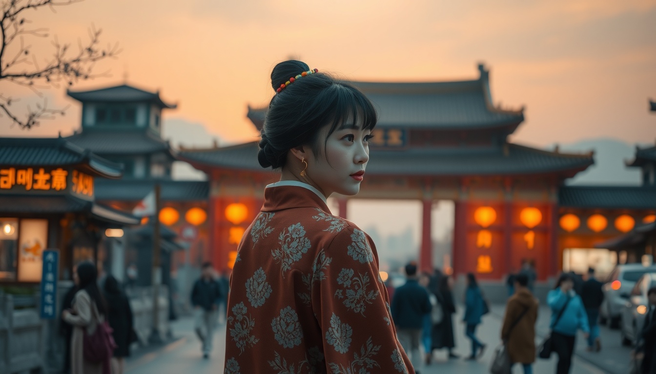 경주 여행 - Korean woman in hanbok upper body shot with face visible, standing in front of traditional Gyeongju stone wall, natural hands holding flower