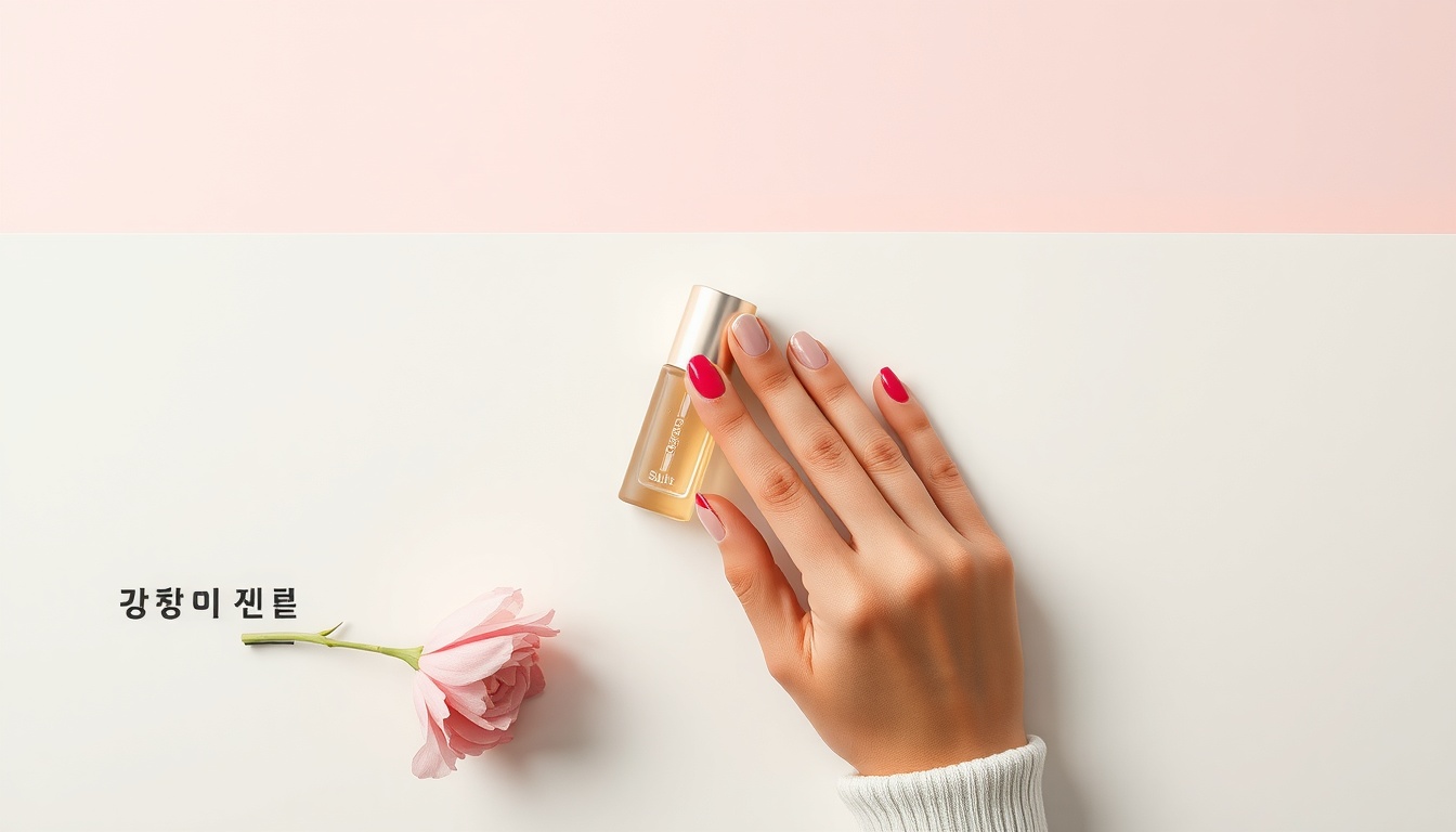 네일 아트 - Korean woman upper body shot with face visible, showing colorful nail art on hands in natural light, natural hands, beauty lifestyle concept