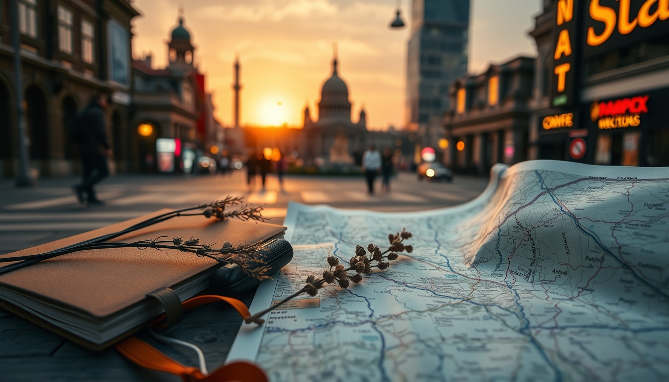 머무는 여행 - flat lay of travel essentials including journal notebook, dried flowers, and map on linen background, slow travel lifestyle concept