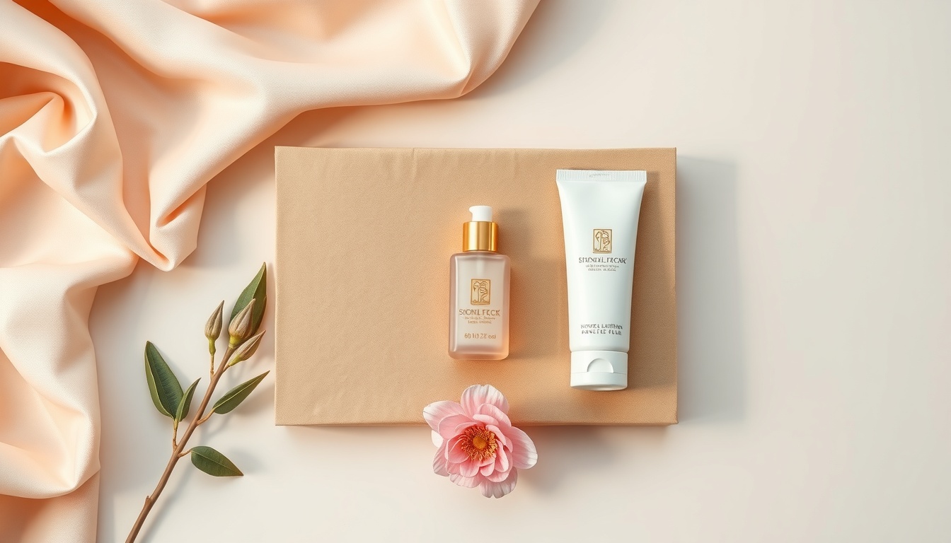 패키지 디자인 - flat lay of eco-friendly sustainable package design with natural kraft paper and green plants, product branding concept