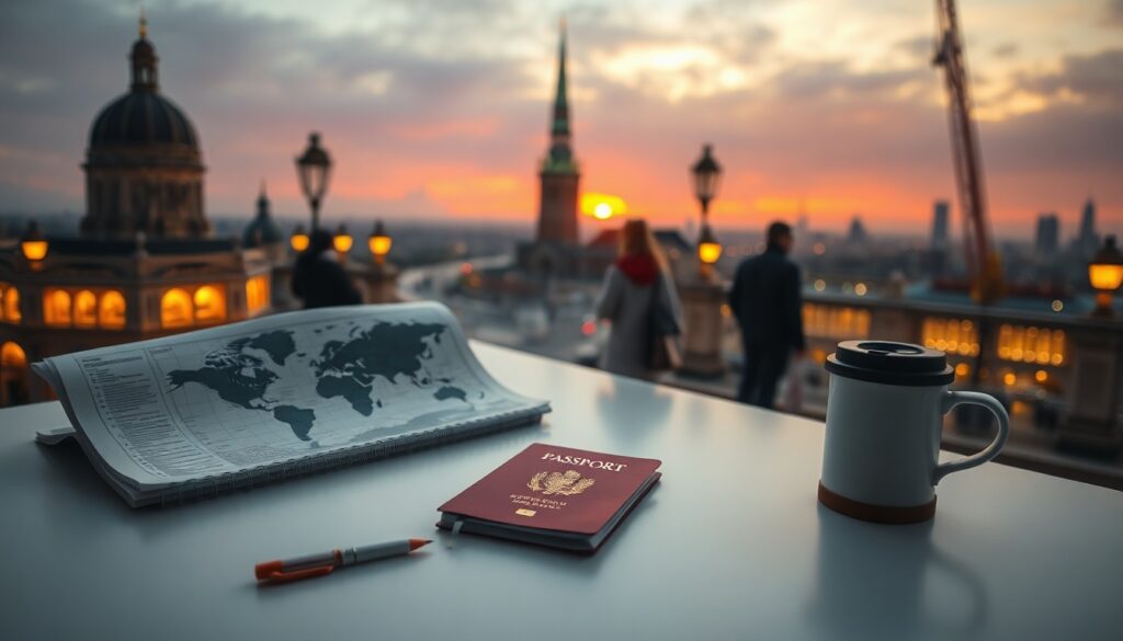 여행 계획도 - flat lay of travel planning map, notebook, passport and coffee cup on white desk, travel planning concept