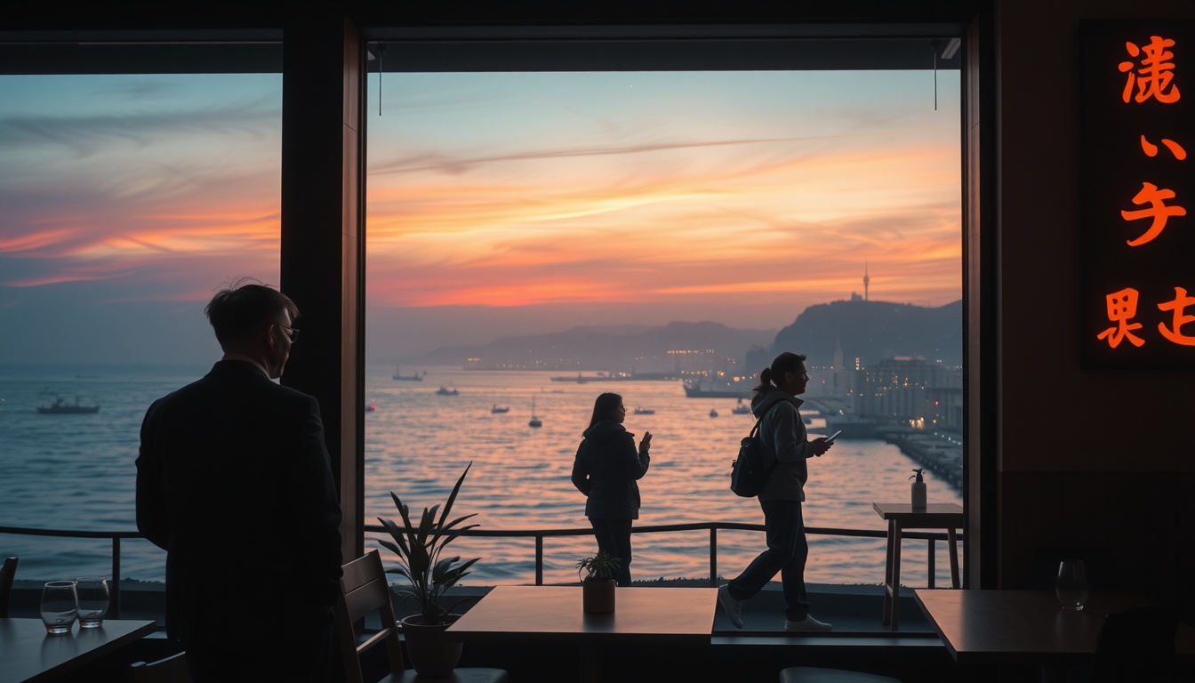 강릉 여행 - cozy coffee shop interior in Gangneung with ocean view through large window, warm lighting, travel cafe concept