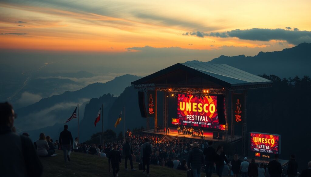 일간 펼쳐지는 - aerial view of UNESCO festival outdoor stage with crowd and colorful lights at night, travel event concept
