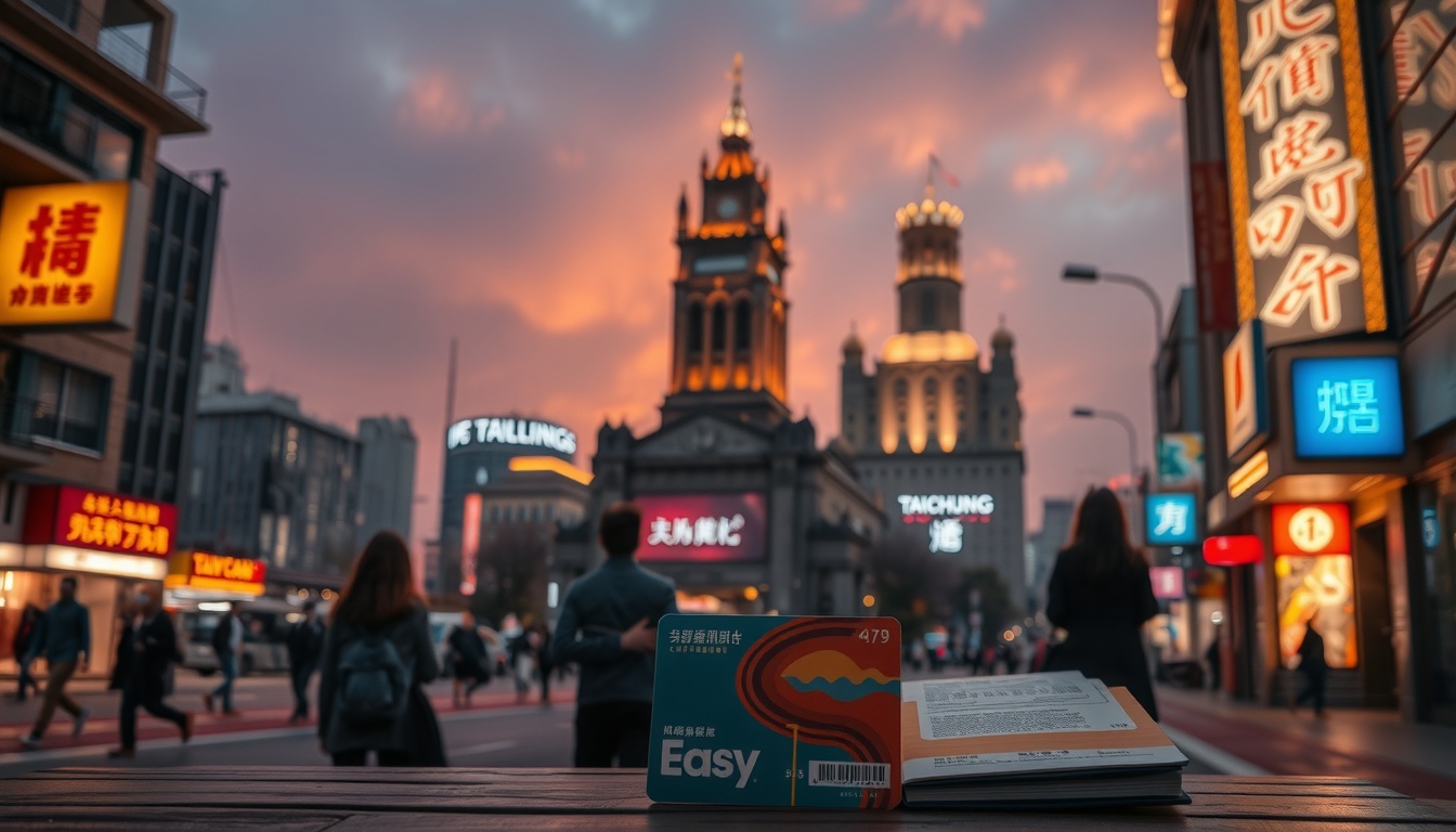 현장 타이중 - flat lay of Taichung travel essentials including Easy Card, travel guidebook, and camera on pastel background