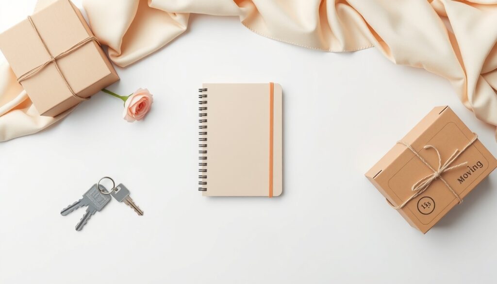 이사 준비 - flat lay of moving checklist notebook, house keys, and cardboard boxes on white desk, moving preparation concept