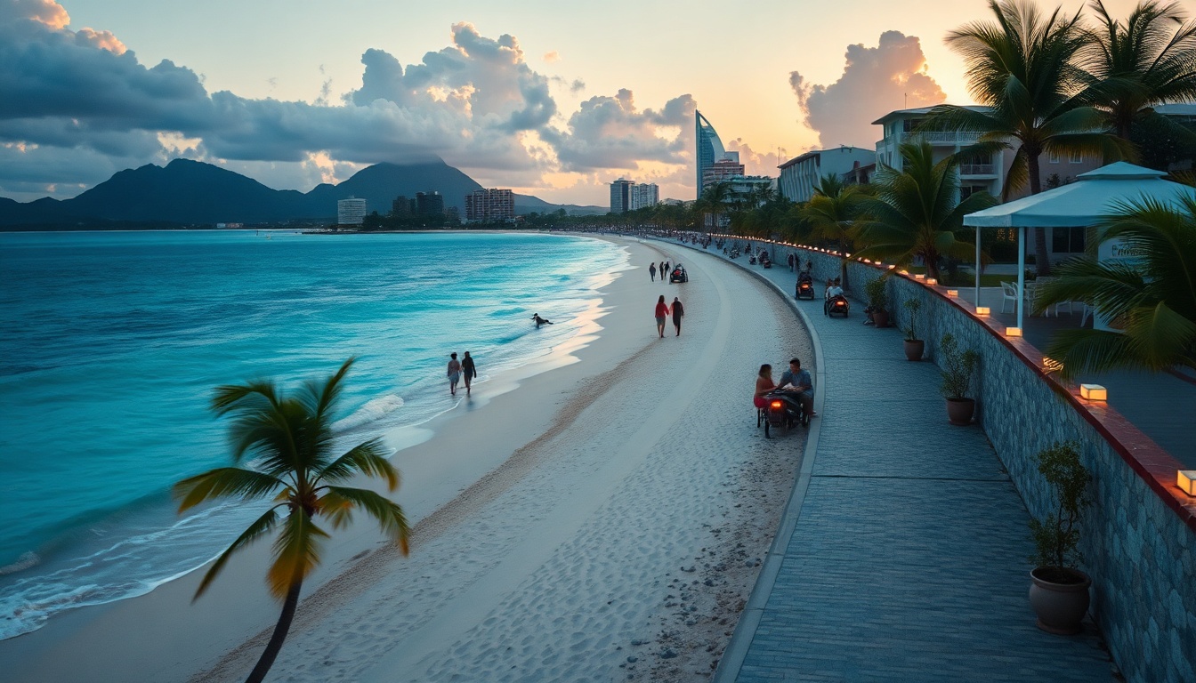 괌 여행 - aerial view of Guam beach with turquoise ocean and white sand, tropical travel destination, sunny day
