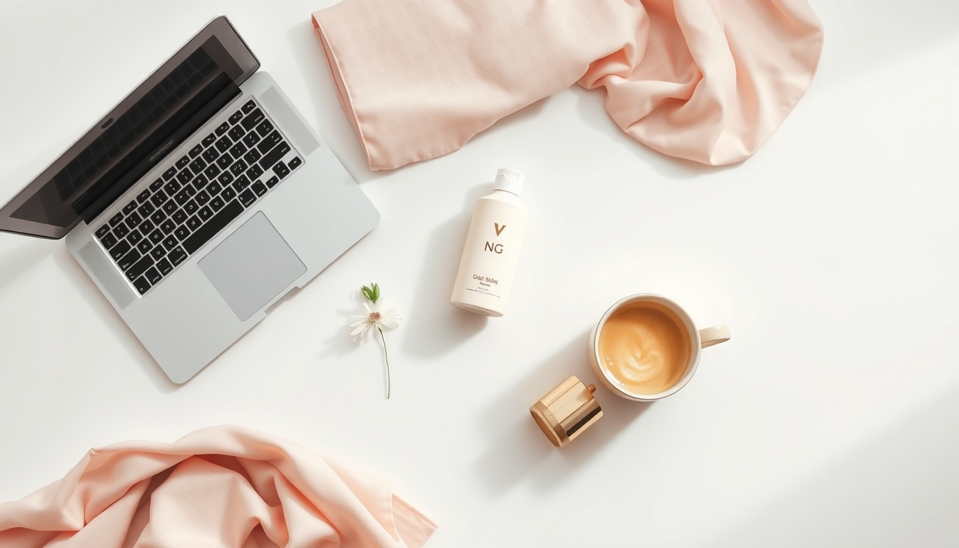 목업 디자인 - flat lay of design mockup templates on white desk with MacBook and coffee cup, mockup design concept