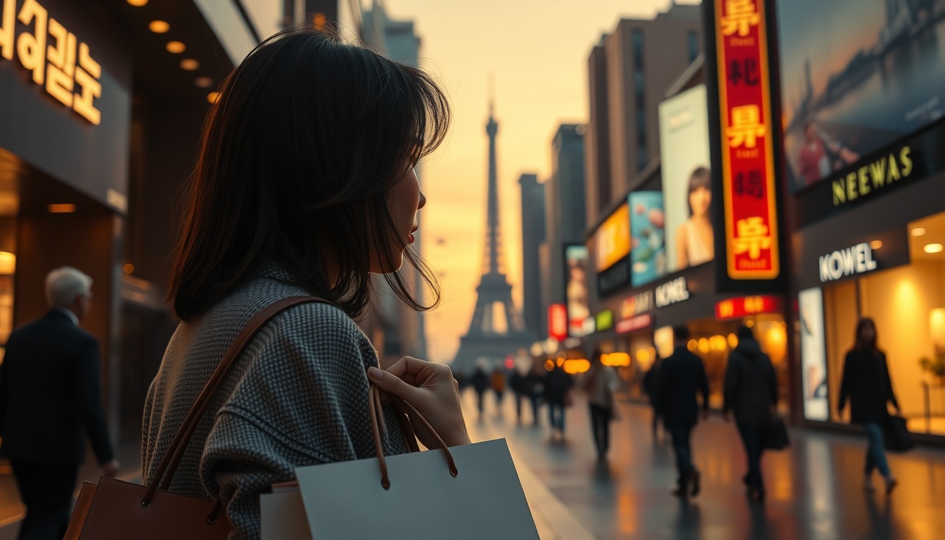 신세계백화점 상반기 - Korean woman upper body shot with face visible, holding shopping bags at a luxury department store entrance, stylish outfit, natural hands