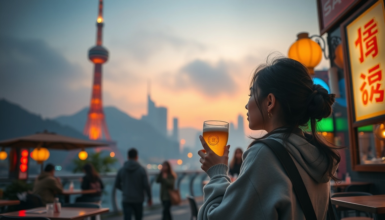 여행 치맥 - Korean woman full body shot with face visible, holding beer glass at outdoor summer festival with string lights background, smiling, natural hands