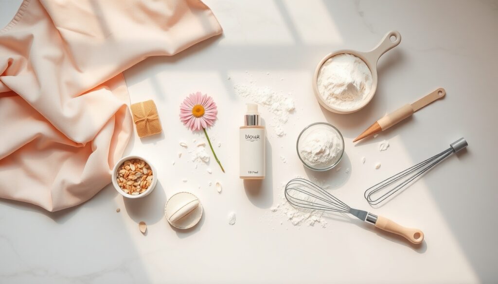 홈베이킹 - flat lay of home baking ingredients and tools on white marble table, bread flour butter eggs whisk, cozy home baking concept