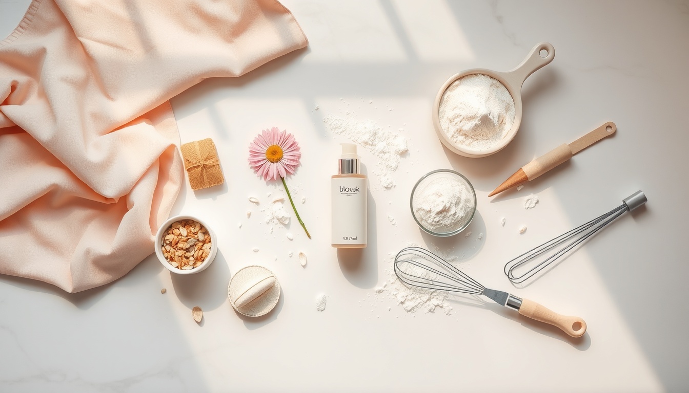 홈베이킹 - flat lay of home baking ingredients and tools on white marble table, bread flour butter eggs whisk, cozy home baking concept