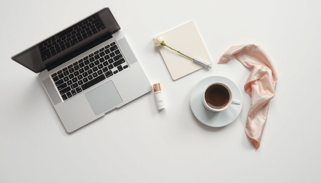 노트북 추천 - flat lay of modern laptop and notebook with coffee cup on white desk, laptop recommendation concept 2026