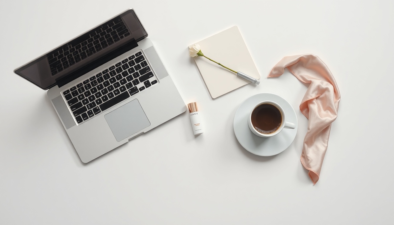 노트북 추천 - flat lay of modern laptop and notebook with coffee cup on white desk, laptop recommendation concept 2026