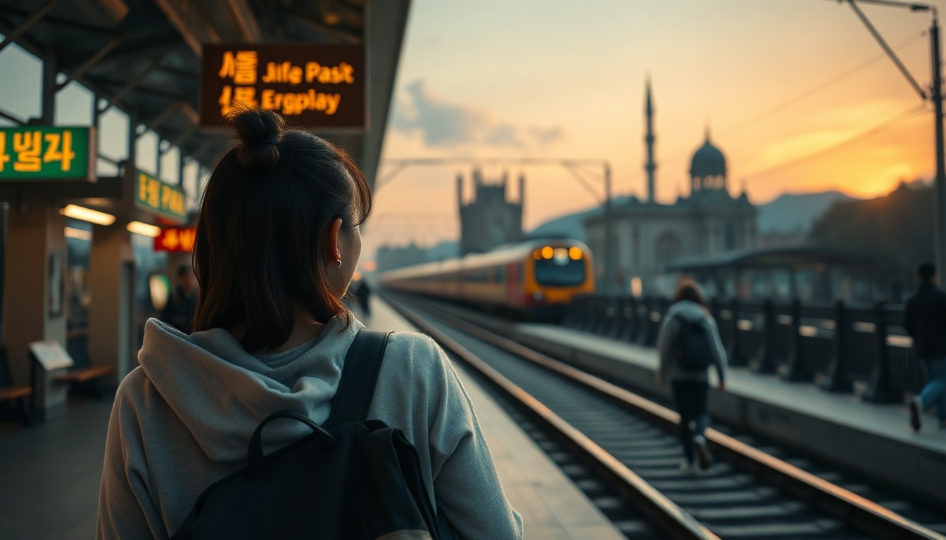 코레일관광개발 여름 - Korean woman upper body shot with face visible, standing at scenic train station platform in summer, looking at landscape with smile, natural hands