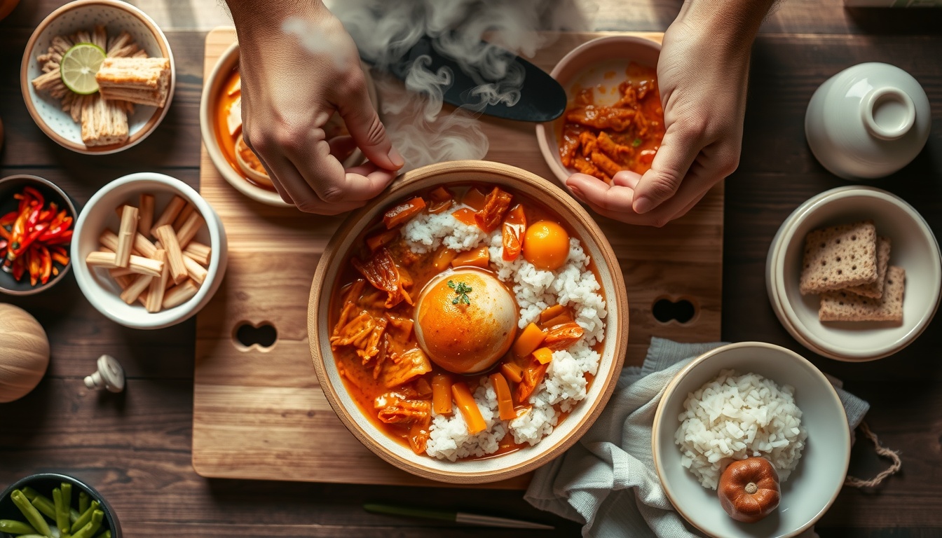지방으로 체험으로 - Korean traditional food experience in local market, hands making kimchi or rice cake, natural hands, overhead view