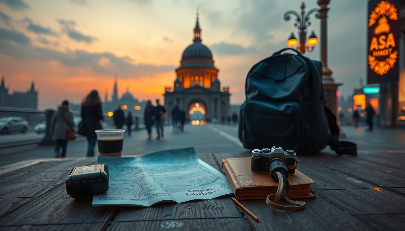 당일치기 줄고 - flat lay of travel essentials including map, camera, notebook and small backpack on white wooden table, slow travel concept