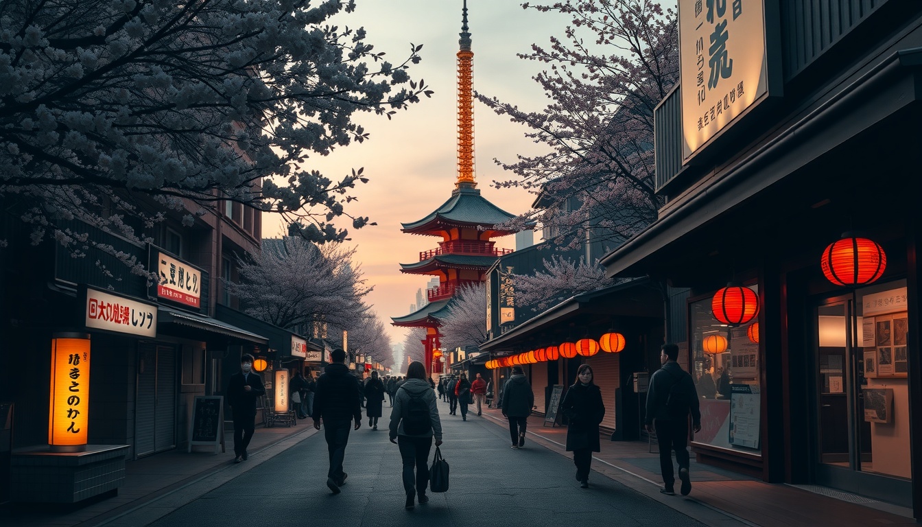 일본 여행 - scenic view of Japan travel destination with cherry blossoms and traditional temple in background, vibrant spring colors